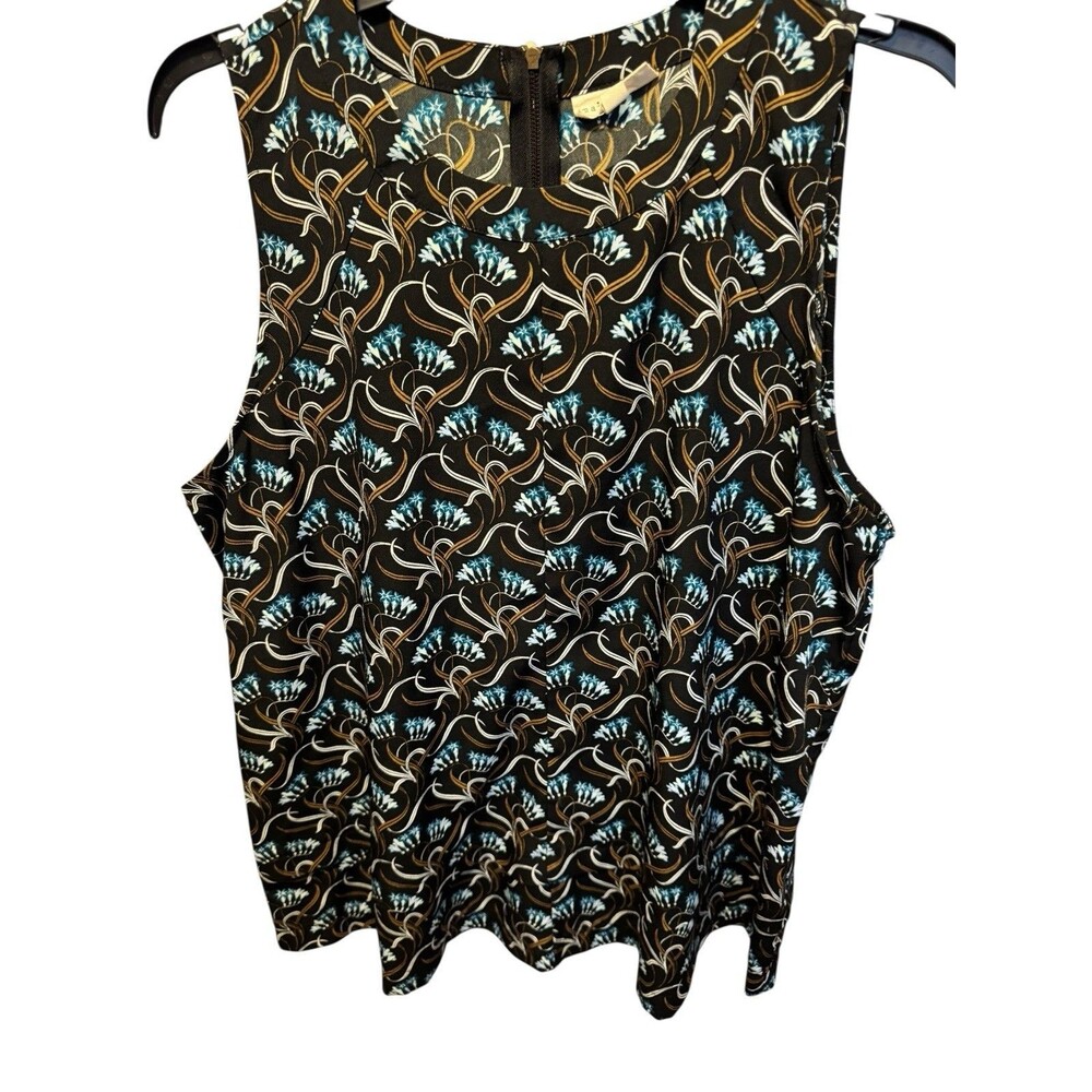 Maison Jules Women's Sz XL Black/BrownBlue Print Sleeveless Top Blouse Back Zip